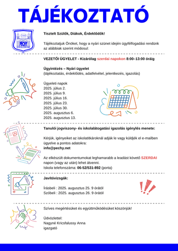 Nyári ügyeleti rend 2025